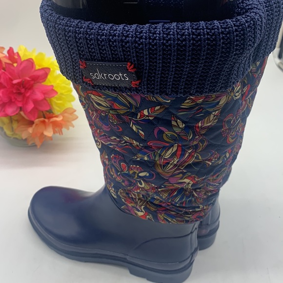 SakRoots Navy Blue Floral Print Waterproof Rain Boots Size 7 - Picture 5 of 10